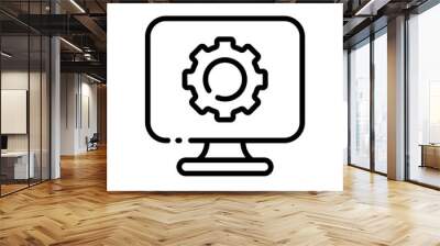 Computer monitor with a gear line icon. Settings, control panel, adjust, laptop, configuration, personal, service centre. Vector line icon on white background Wall mural