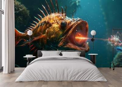 Deep-sea anglerfish with glowing lure, 4K hyperrealistic photo Wall mural