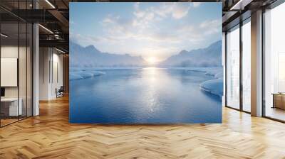 Discover the ethereal beauty of frozen lakes, where the stillness of the ice contrasts with the surrounding snowy landscape, offering a serene winter retreat. 4K hyperrealistic. Wall mural