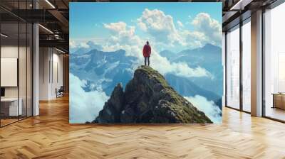 Exhilarating freedom atop a mountain peak, 4K hyperrealistic photo Wall mural