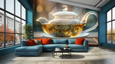 Freshly brewed pot of white tea, 4K hyperrealistic photo Wall mural