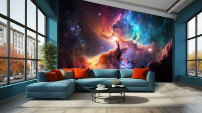 Futuristic nature view in galaxy. Abstract space endless nebula galaxy background. Star system, gravity, astronomy, black hole, high resolution, art, generative artificial intelligence Wall mural