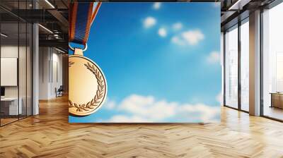 Gold medal hanging in the blue sky, winner against blue sky background copy space, sports, winning, achievement, game, sports business, success concept Wall mural