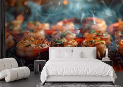 Grilled shrimp skewers with garlic butter, 4K hyperrealistic photo Wall mural