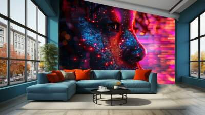 Hologram of the black woman face composed of vibrant digital pixels against the glowing digital data streams Wall mural