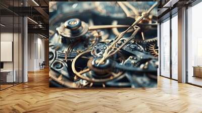 Intricate clockwork mechanism ticking away inside a vintage watch, 4K hyperrealistic photo Wall mural