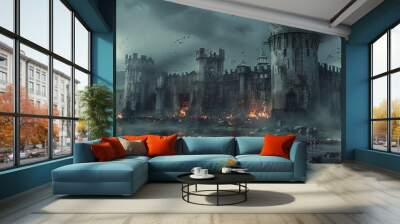 Medieval Castle Siege, 4K hyperrealistic photo Wall mural