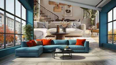 Modern living room with an open layout and stylish furnishings, 4K hyperrealistic photo Wall mural