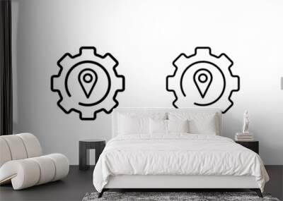 Navigation settings icons. Outline, black, location in gear, navigation settings. Vector icons Wall mural