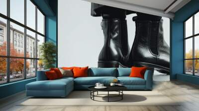 Pair of stylish ankle boots on white background, 4K hyperrealistic photo Wall mural