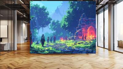 Pixelated adventurers exploring treacherous dungeon with battling monsters Wall mural