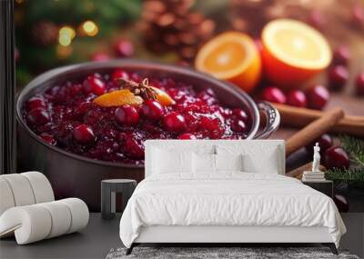 Preparing Christmas cranberry sauce in a saucepan, with fresh cranberries, oranges, and cinnamon sticks on the side. 4K hyperrealistic photo. Wall mural