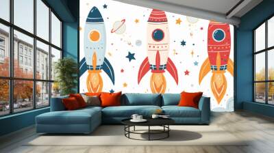 Rocket toys on a white backdrop. Vector flat isolated illustration. Wall mural