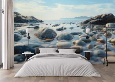 Rocky beach with smooth pebbles and tide pools, 4K hyperrealistic photo, Wall mural