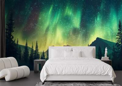 Rocky Mountains with Aurora Borealis. Green Sky Wallpaper with copy-space. Wall mural