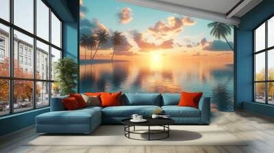 Serene tropical lagoon at sunrise, with calm waters reflecting the sky and palm trees lining the shore. 4K hyperrealistic photo. Wall mural