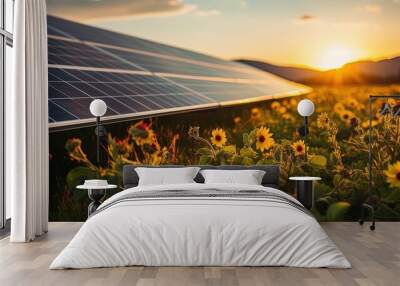 Solar panel at grass outdoor nature sunset sun landscape. Alternative eco power energy electricity. Wall mural