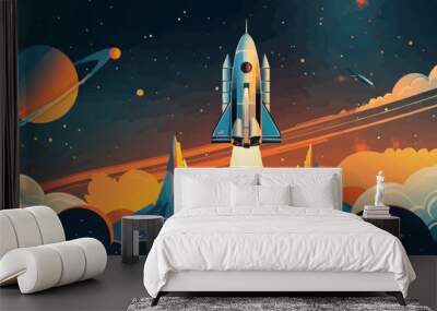 Space tourism with space hotels, orbital tours, and astronautical cruises. Vector flat minimalistic isolated illustration. Wall mural