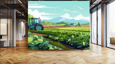 tractor in field with vegetables harvesting, agriculture farming nature vector landscape illustration Wall mural