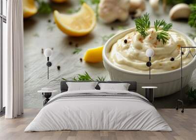 Traditional mayonnaise sauce in white ceramic bowl and ingredients for its preparation on white wooden background. Selective focus. Wall mural