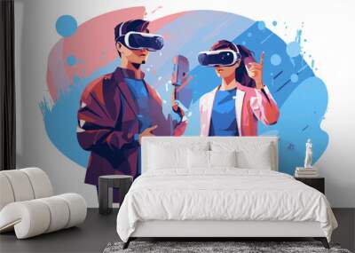 Woman and man using VR headset futuristic tech vector illustration Wall mural