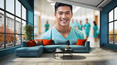 Portrait of happy male doctor. Beautiful and satisfied healthcare worker in clinic looking at camera. 2/3 space for text. medical worker day concept. Wall mural