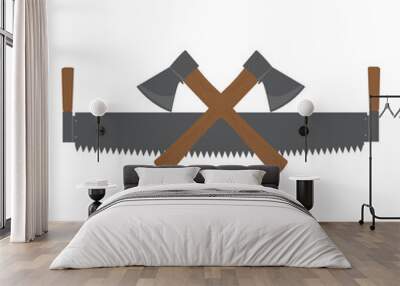 Crossed axes and two-handed saw icon. Wall mural