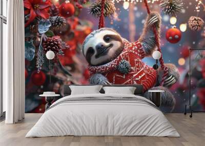 Cheerful 3D render of a sloth character in a festive sweater, hanging from a decorated branch , created ai Wall mural