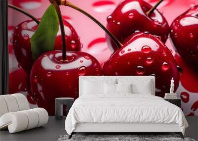 Close-up of juicy  cherries  with water drops , generated ai Wall mural