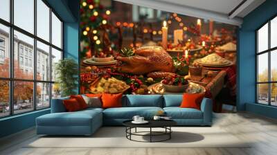 Festive 3D render of a holiday feast on a long table with a roasted turkey, cranberry sauce, mashed potatoes, and festive decorations, created by ai Wall mural