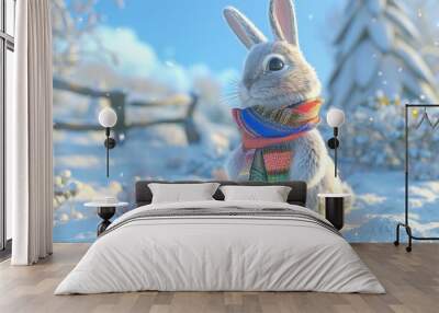 Playful 3D cartoon bunny with a colorful scarf, standing in a snowy landscape,  created by ai Wall mural