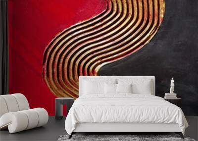 abstract red canvas with black and gold relief pattern of water or road or fabric in the center with visible paint strokes.bas - relief Wall mural