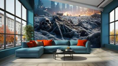 An ice age on a planetary scale, a frozen human skeleton against the backdrop of skyscrapers, a consequence of a nuclear war. Created in AI. Wall mural