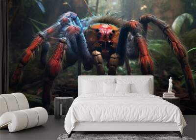 Huge tropical tarantula spider. Mutated furry monster in a safari park. Mutated insects of Africa created in AI. Wall mural