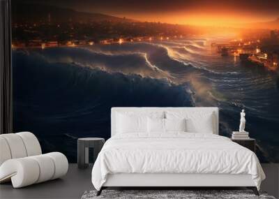 Mega Tsunami is approaching a big city, huge ocean waves after an earthquake in the fault of the earth. Created with AI. Wall mural