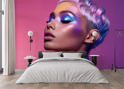 Model girl with glamorous style of colored make-up, blonde with hairstyle and luscious lips. Made in AI Wall mural