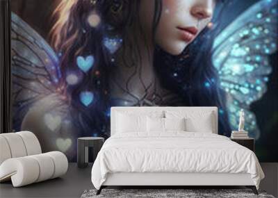 Portrait of a young girl, a brunette in a black cosplay outfit with fairy wings and cat ears, in a fabulous night world. Created with generative AI. Wall mural