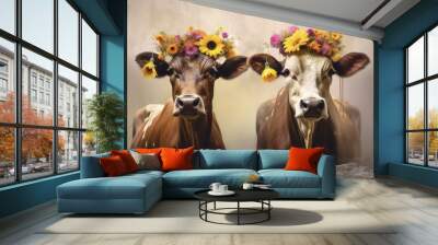 Portrait of two cows cows on a clean background, photo drawing of a horned cattle. Generative AI Wall mural