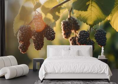 A branch with natural mulberries on a blurred background of a mulberry garden at golden hour. Mulberry farm with mulberries. Banner. AI Generative Wall mural