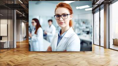 Beautiful young female scientist in a white coat and glasses in a modern medical science laboratory with a team of specialists in the background. Wall mural