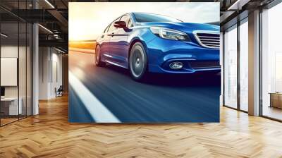 blue business car driving along the line at high speed. A blue car rushes along the highway. motion speed blur Wall mural