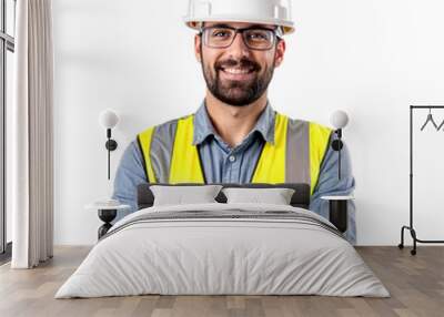 Builder portrait, man with crossed arms and smile, architect or engineer in the construction industry on a transparent background. Happy male contractor, layout and professional builder wearing white  Wall mural