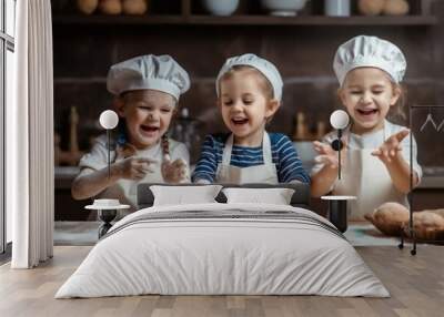 Cheerful children prepare dough, bake cookies in the kitchen. Generative AI Wall mural