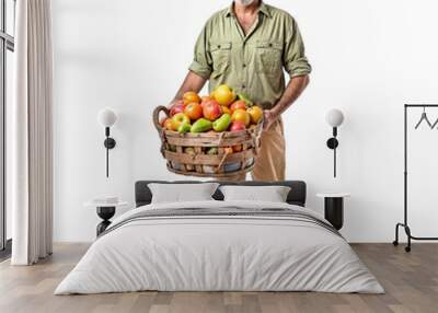 man with basket of fruits on isolated background. PNG. Wall mural