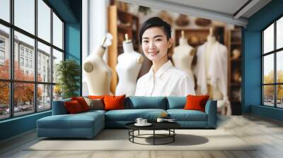 Portrait of a smiling asian fashion designer entrepreneur in a fashion studio with clothes in the background. Wall mural