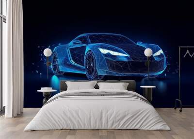 Stylish modern car. Abstract schematic vector from blue lines on a black background. 3d. Generative AI Wall mural