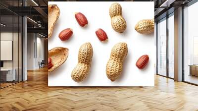 Top View of Peanuts in Various Forms with Textured Shells and Glossy Seeds on White Background Wall mural