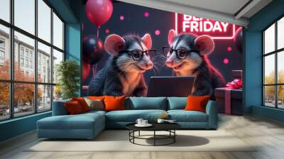 two funny mice in black glasses sit at a table with a laptop and a neon sign Black Friday Wall mural