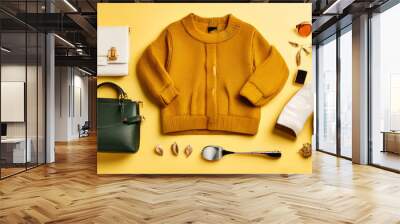  image on fashion clothing theme. set of casual women accessories such as sweater, dress, bag, shoes. autumn mood Wall mural