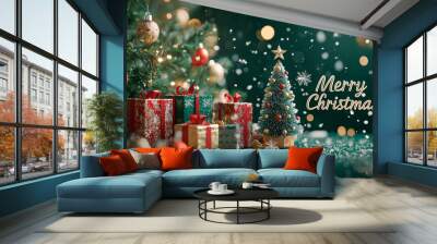 A festive Christmas scene with a decorated tree, gift boxes, and cheerful snowflakes falling on a green table, featuring a warm color theme for a social media post Wall mural